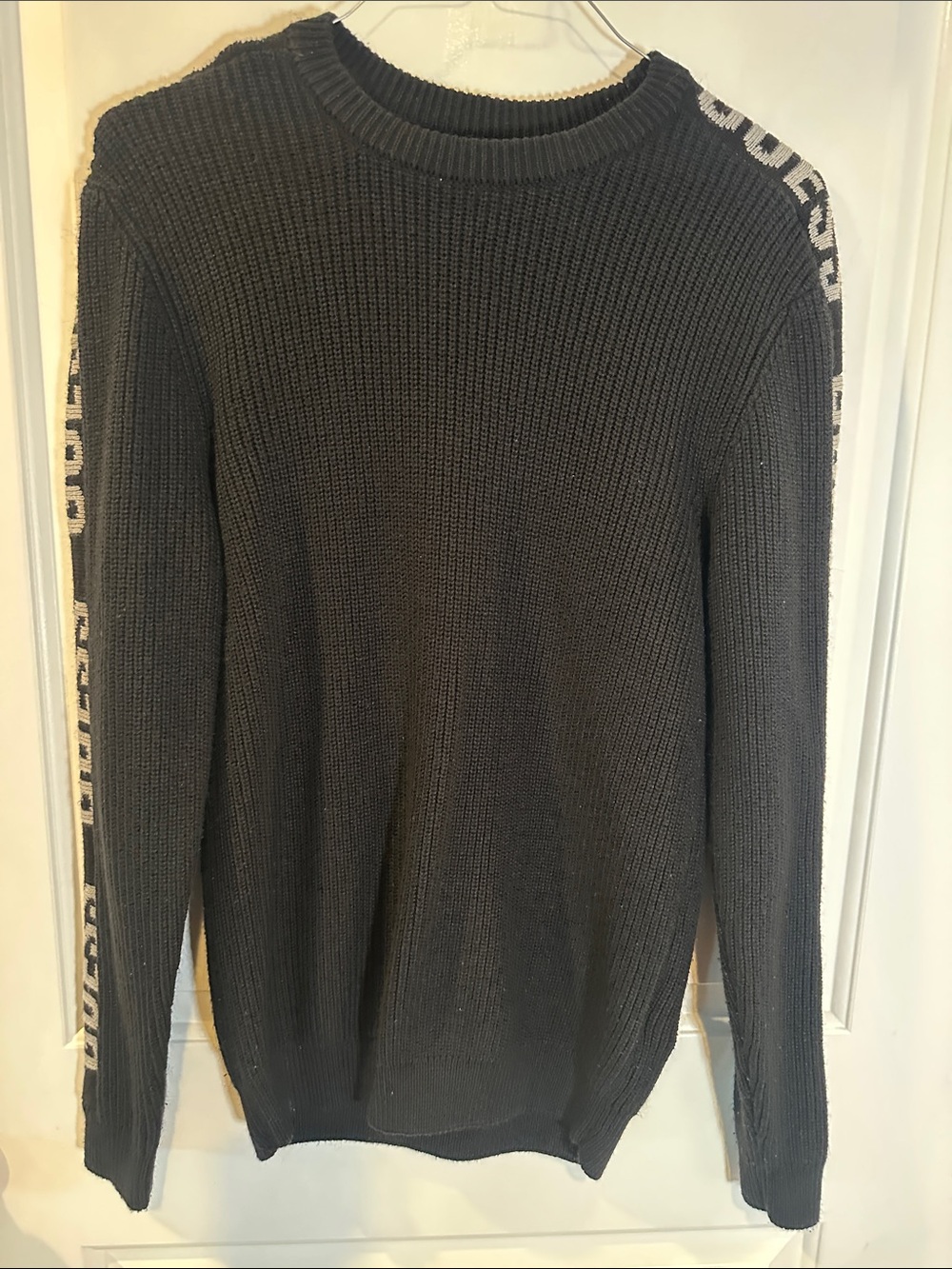 G by Guess Black Crewneck Sweater with Contrast Shoulder Stripe